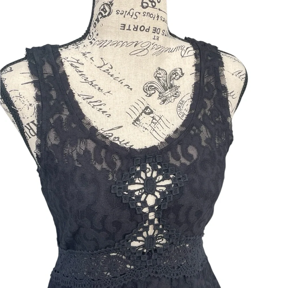 Free People Black Daisy Chain Lace Crochet Bodycon‎ Mini Hippie Dress Siz…